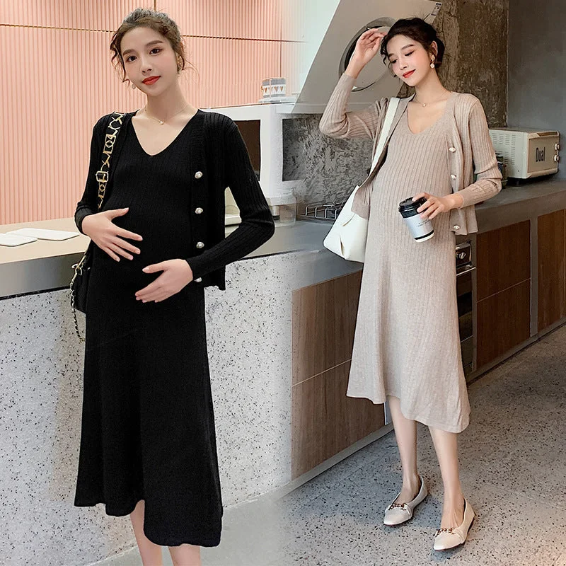 NiDELL Pregnant Women's Sweater Autumn and Winter . Fashionable Knitted Dress Fashionable and Graceful Suit Loose Slimming outside Wear Two-Piece Set