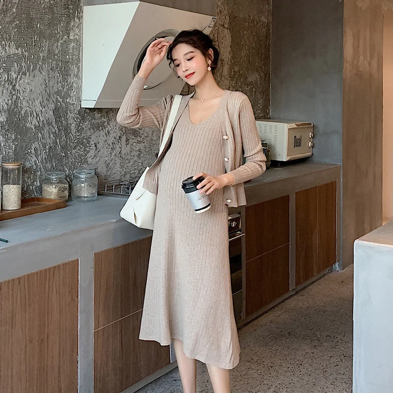 NiDELL Pregnant Women's Sweater Autumn and Winter . Fashionable Knitted Dress Fashionable and Graceful Suit Loose Slimming outside Wear Two-Piece Set