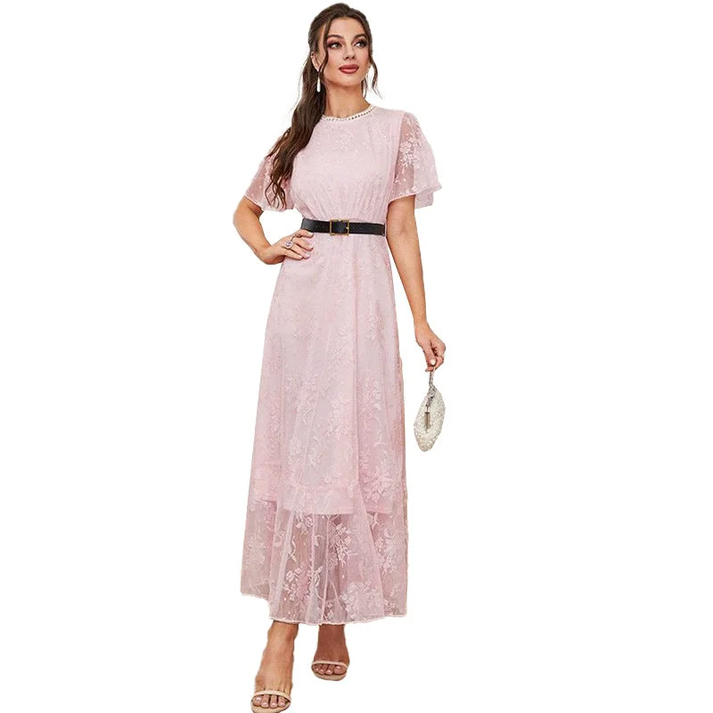 NiDELL ZTY-85 Hot Sale Dress Amazon Cross-Border E-Commerce Long Dress Solid Color European and American Style Lace High Waist Long Dress