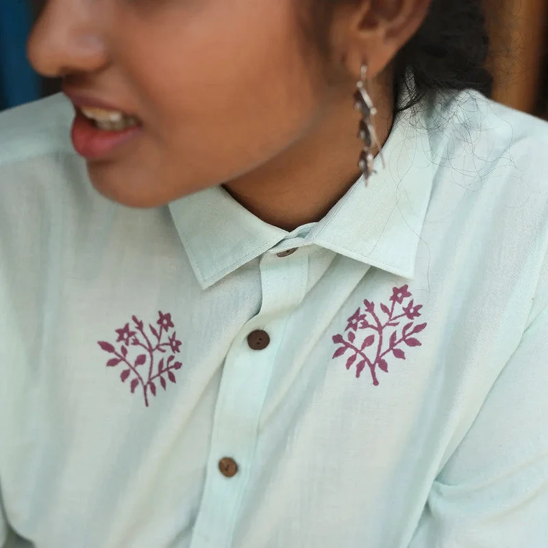 Organic Cotton Shirt for Men & Women | Half Sleeves | Block Printed | Mint Green