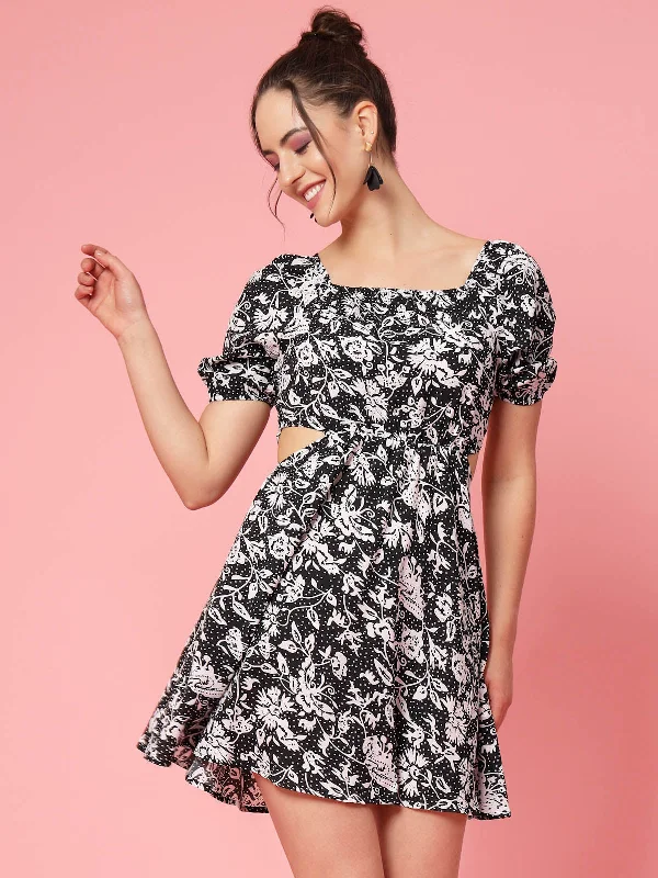 Black  White Floral Printed Puff Sleeve Cut Out Monochrome Fit  Flare Dress