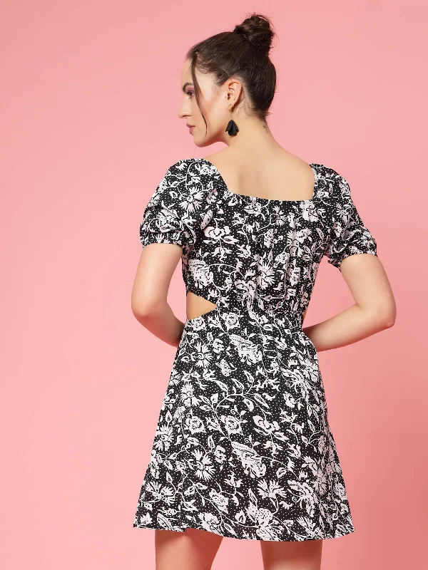 Black  White Floral Printed Puff Sleeve Cut Out Monochrome Fit  Flare Dress