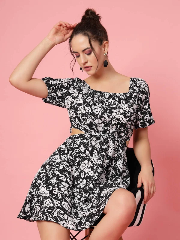 Black  White Floral Printed Puff Sleeve Cut Out Monochrome Fit  Flare Dress