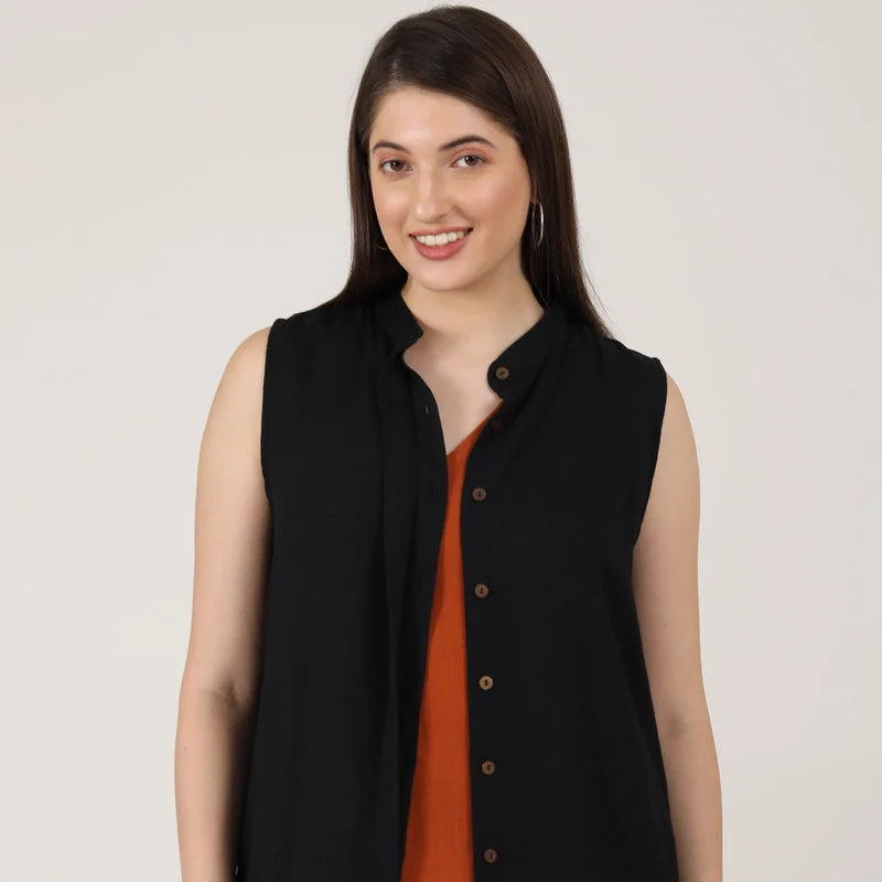 Linen Black Long Tunic Shirt | Sleeveless