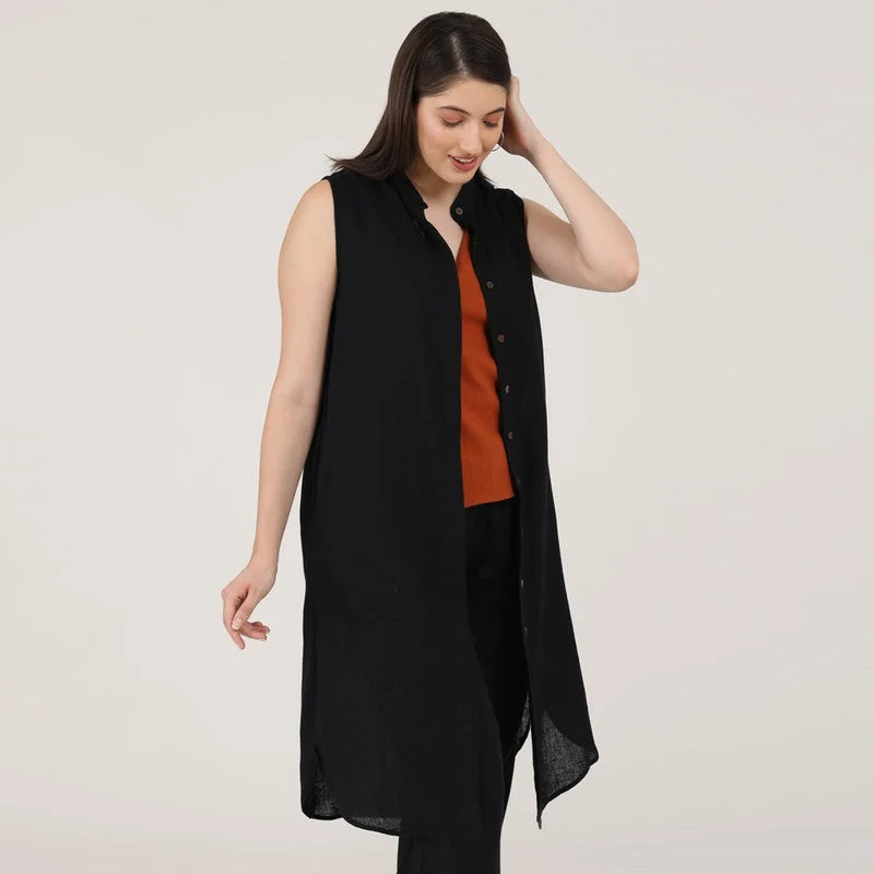 Linen Black Long Tunic Shirt | Sleeveless