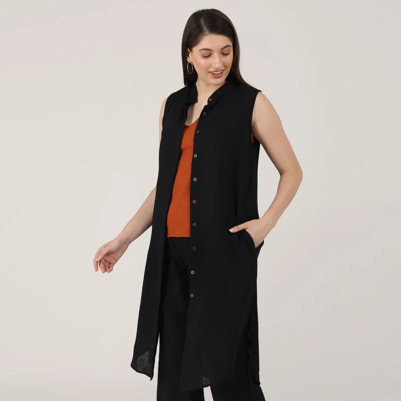 Linen Black Long Tunic Shirt | Sleeveless