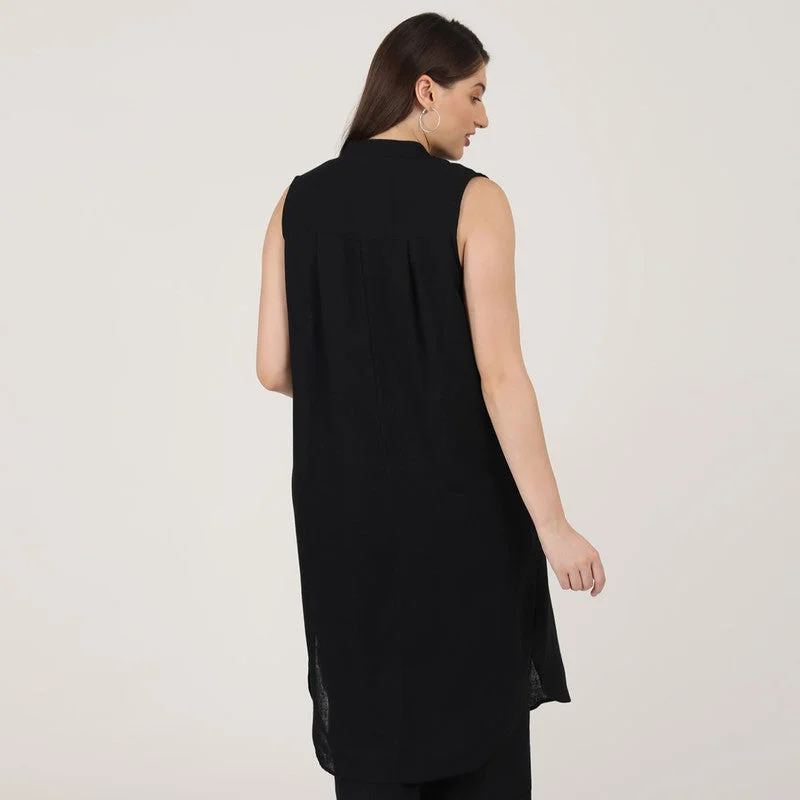 Linen Black Long Tunic Shirt | Sleeveless