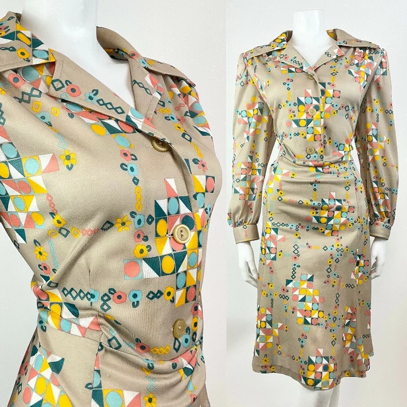 VINTAGE 60s 70s BEIGE BLUE YELLOW GREEN GEOMETRIC FLORAL DAGGER SHIRT DRESS 18