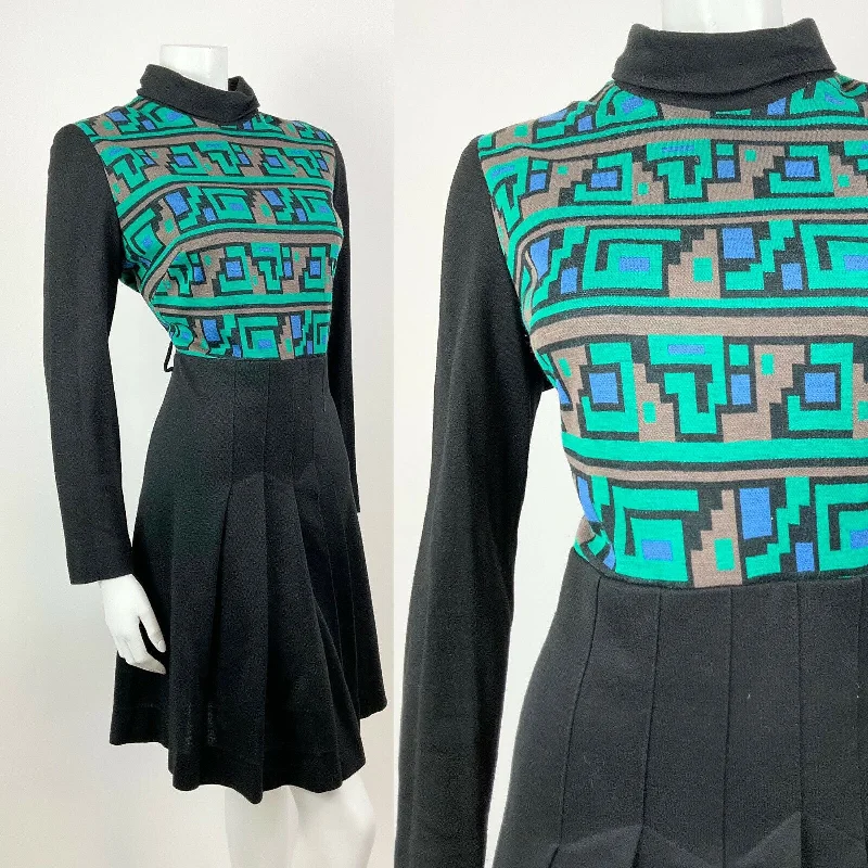 VINTAGE 60s 70s BLACK GREEN BLUE GEOMETRIC TURTLENECK PLEATED SKATER DRESS 14 16