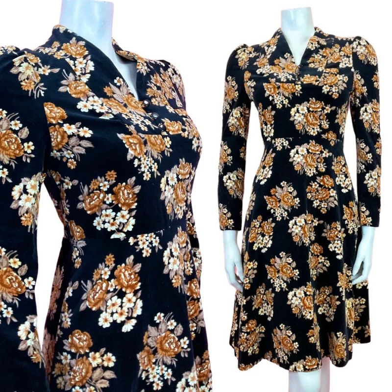 VINTAGE 60s 70s BLACK ORANGE BEIGE FLORAL ROSE BOUQUET VELVET SKATER DRESS 8