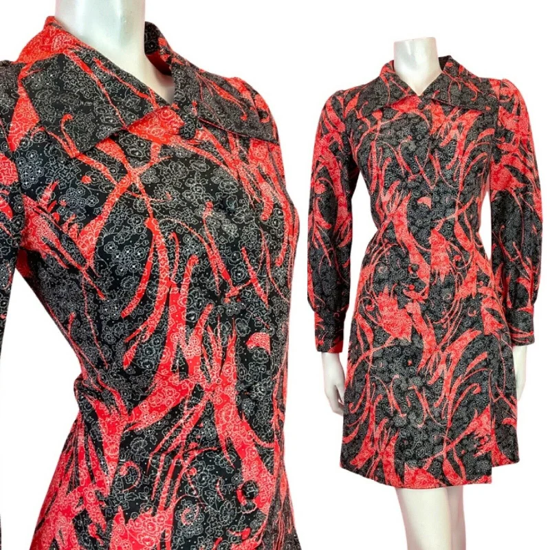 VINTAGE 60s 70s BLACK RED WHITE PSYCHEDELIC FLORAL DITSY DAGGER SHIRT DRESS 12