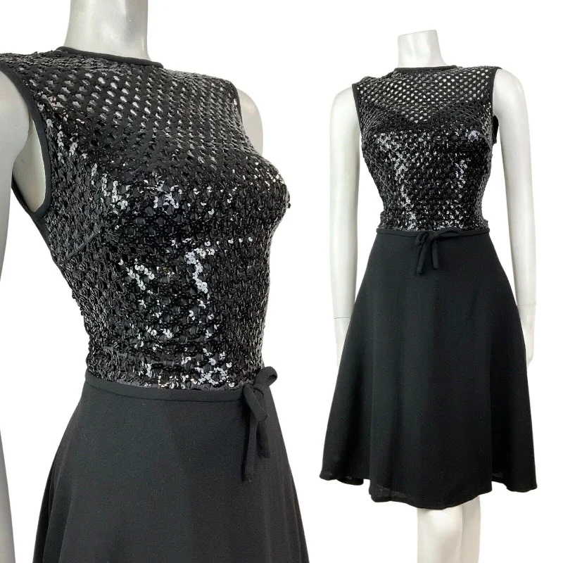 VINTAGE 60s 70s BLACK SEQUIN DISCO GLAM PARTY SLEEVELESS MOD SWING DRESS 10