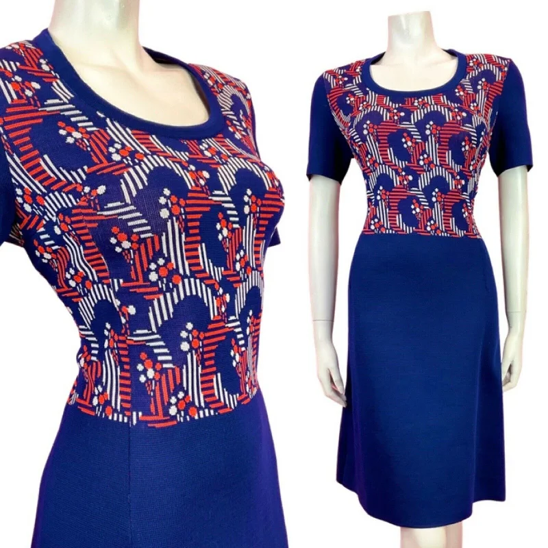 VINTAGE 60s 70s BLUE RED WHITE GEOMETRIC DOTTY MOD KNITTED DRESS 12 14