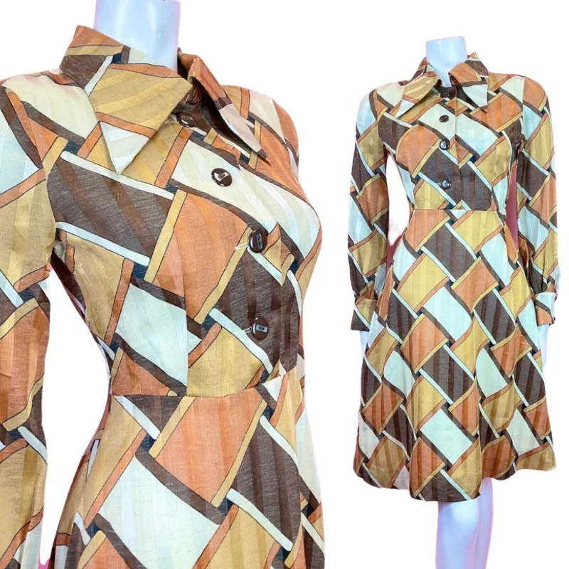 VINTAGE 60s 70s BROWN CREAM GOLD GEOMETRIC WEAVE SHEER DAGGER SHIRT DRESS 8 10