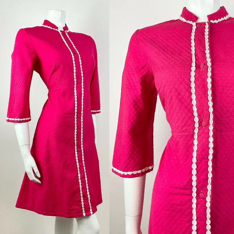 VINTAGE 60s 70s FUCHSIA PINK WHITE QUILTED DAISY MANDARIN COLLAR MOD DRESS 10 12