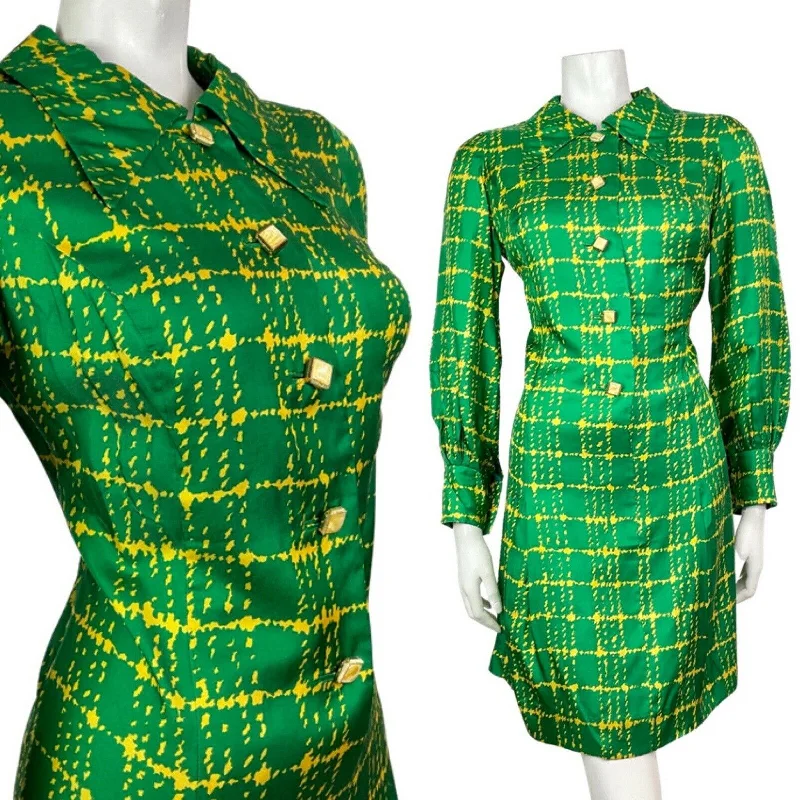 VINTAGE 60s 70s GREEN YELLOW CHECKED MOD DAGGER COLLAR SHIRT DRESS 12 14