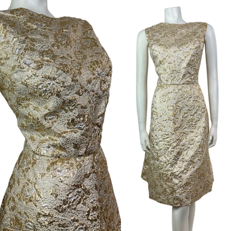 VINTAGE 60s 70s METALLIC GOLD SILVER CREAM LUREX FLORAL PARTY GLAM TEA DRESS 14