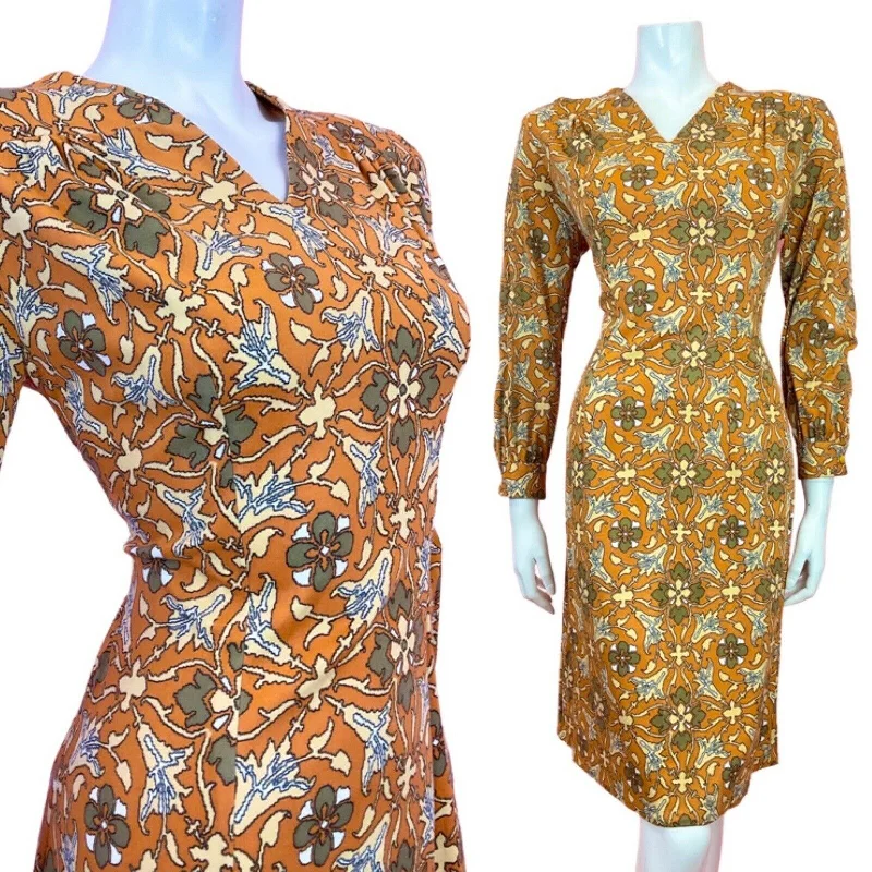 VINTAGE 60s 70s ORANGE BROWN BEIGE FLORAL PIXEL GEOMETRIC MOD DRESS 14 16