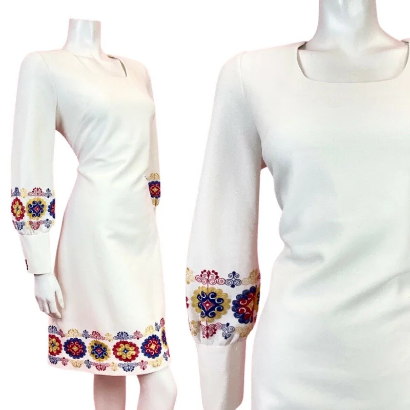 VINTAGE 60s 70s WHITE RED BLUE YELLOW EMBROIDERED MOD BISHOP SLEEVE DRESS 12 14