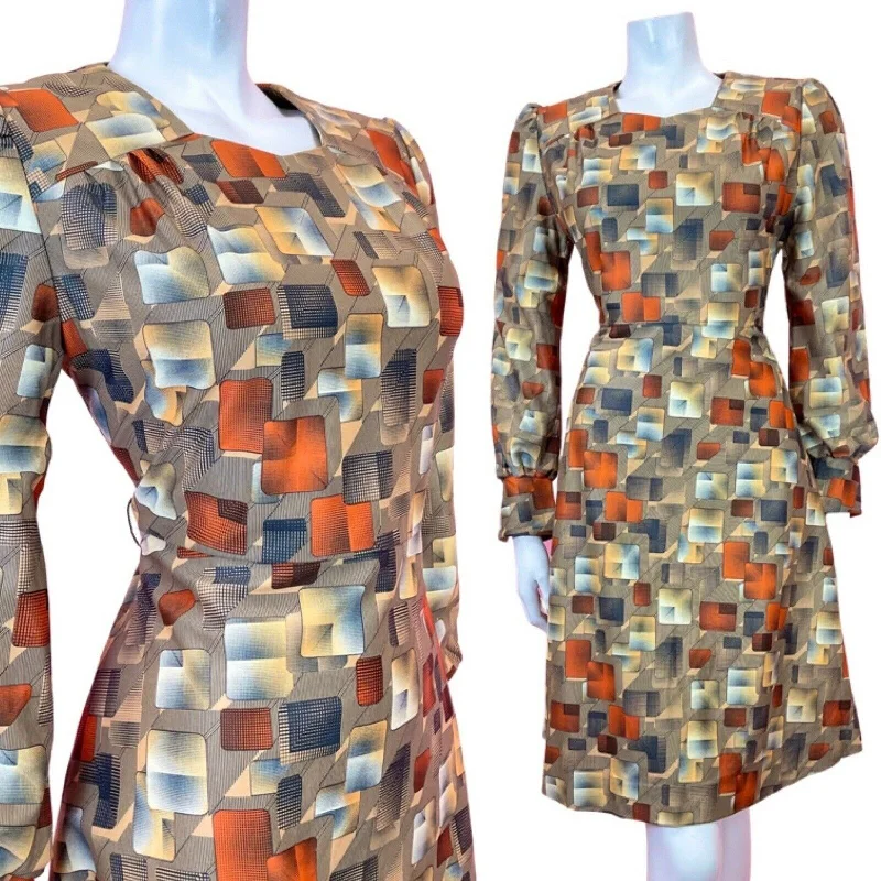 VINTAGE 60s 70s YELLOW BLACK ORANGE GEOMETRIC GRID CHECKED DRESS 10 12