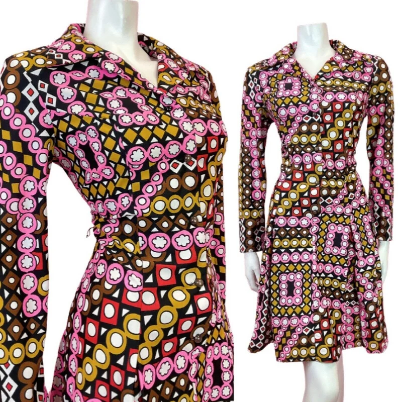 VTG 60s 70s BLACK PINK BROWN WHITE GEOMETRIC PSYCHEDELIC MOD SHIRT DRESS 12 14