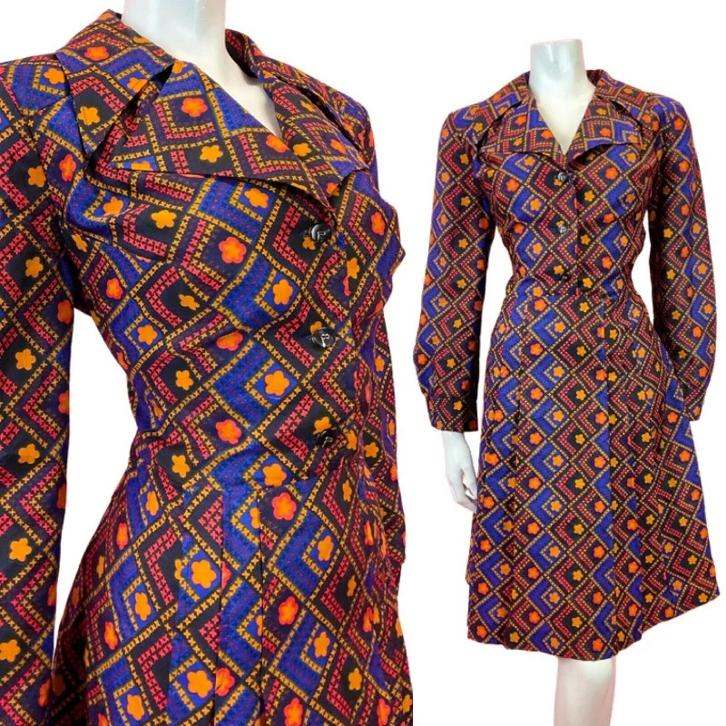 VTG 60s 70s BLUE YELLOW RED FLORAL DAISY CHECKED MOD DAGGER SHIRT DRESS 14 16