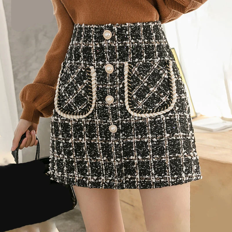 KittenAlarm - Elegant Pearl Button Wool Plaid Mini Skirts