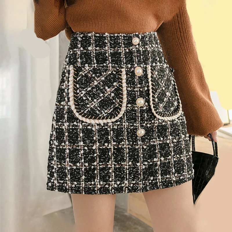 KittenAlarm - Elegant Pearl Button Wool Plaid Mini Skirts