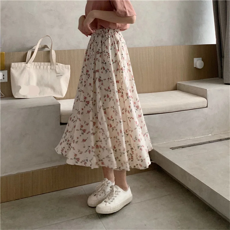 KittenAlarm - Flowers Pattern Pleated Long Casual Skirts