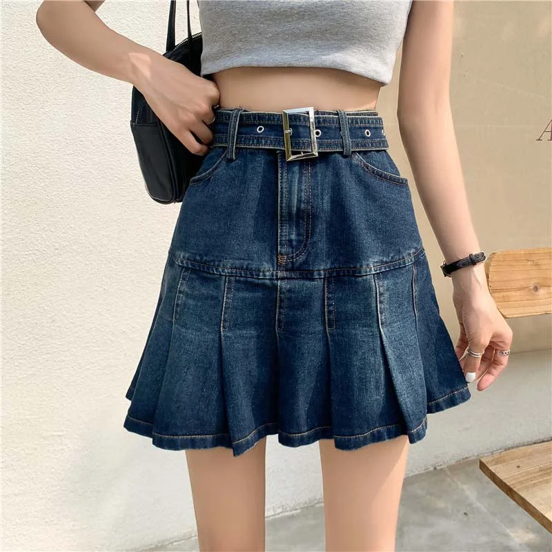 KittenAlarm - High Waist Pleated Ruffles Mini Denim Skirt