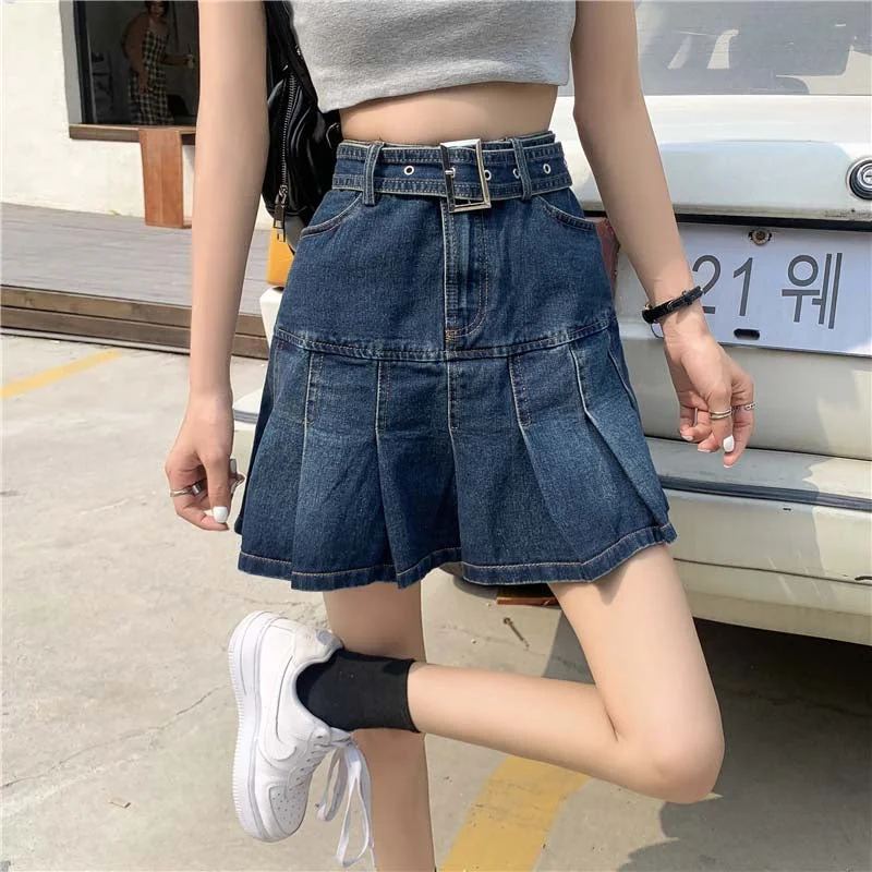 KittenAlarm - High Waist Pleated Ruffles Mini Denim Skirt