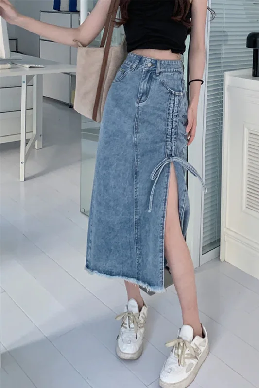 KittenAlarm - High Waist Ruched Split Long Jeans Skirts