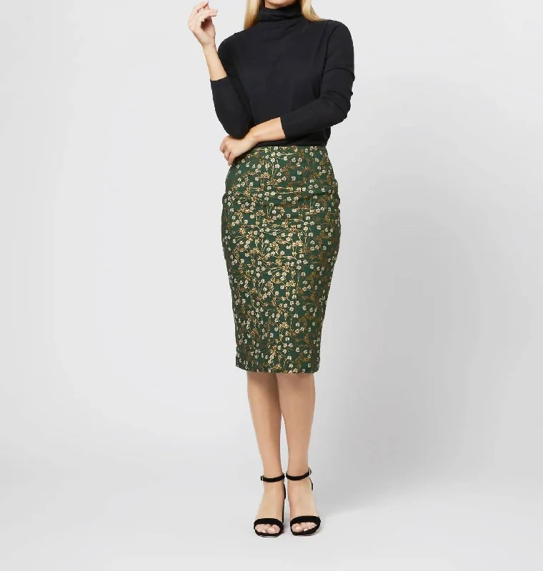 Pull-On Skirt In Hunter/gold Floral Jacquard