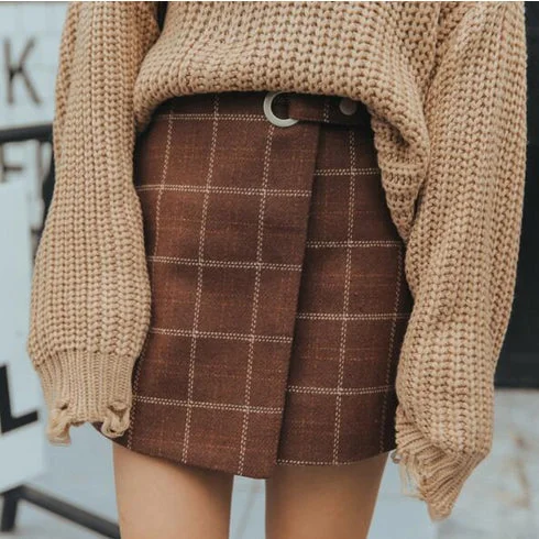 KittenAlarm - Retro Wool Plaid Thicken Mini Skirt