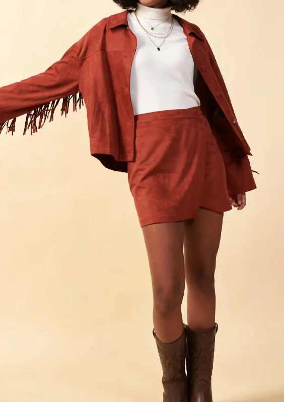 Snap Front Suede Wrap Skirt In Rust