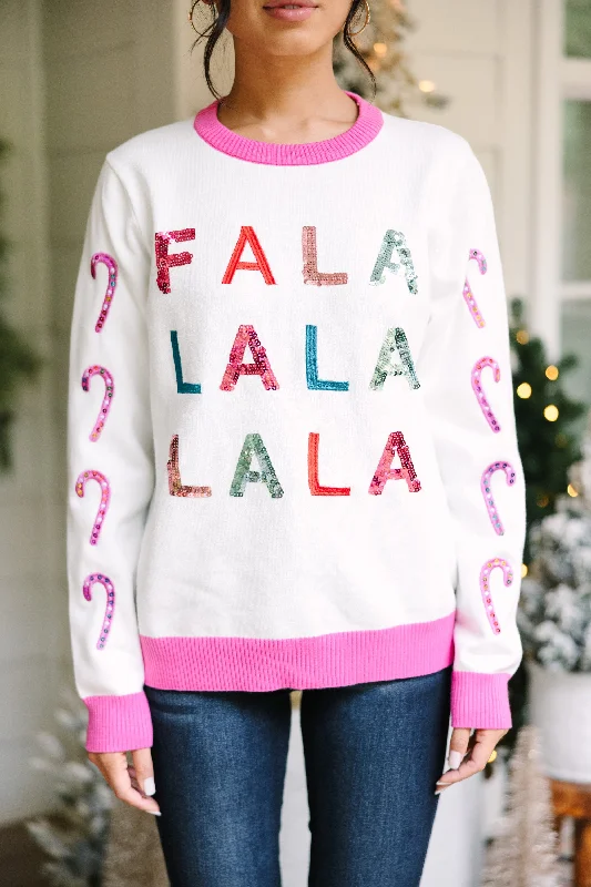 Falalalalala White Candy Cane Sleeve Sweater