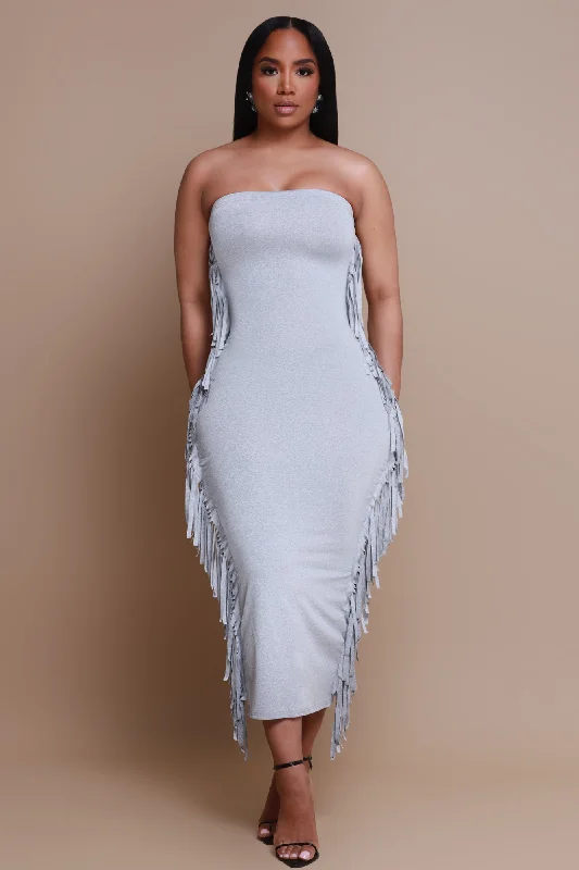 At All Costs Strapless Fringe Maxi Dress - Grey