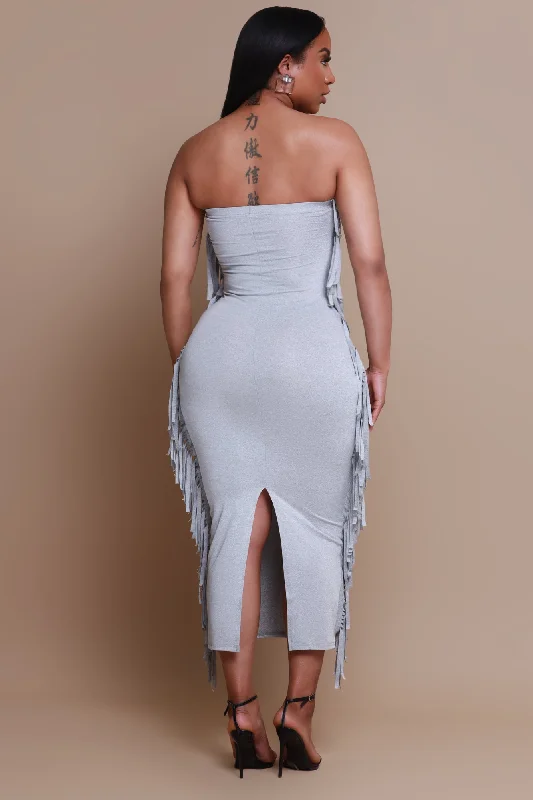 At All Costs Strapless Fringe Maxi Dress - Grey