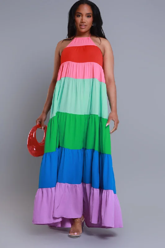 Feel Proud Layered Halter Maxi Dress - Rainbow