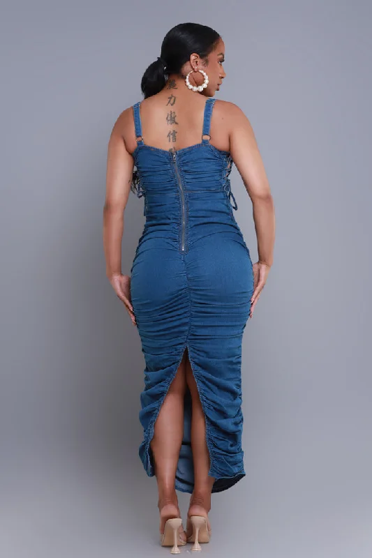 Free Of Charge Ruched Denim Maxi Dress - Medium Wash