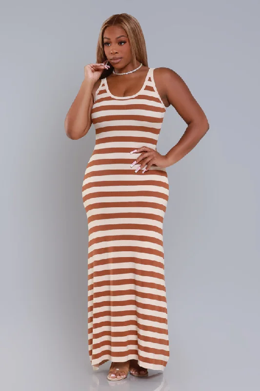 Go Sideways Striped Maxi Dress - Cream/ Brown Stripes