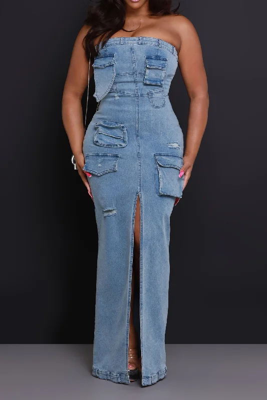 Mic Check Denim Cargo Maxi Dress - Light Wash