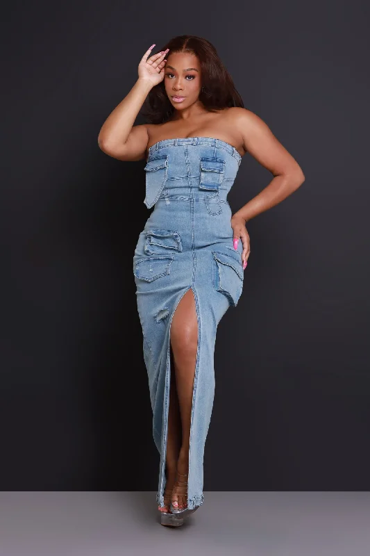 Mic Check Denim Cargo Maxi Dress - Light Wash