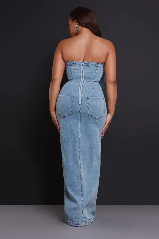 Mic Check Denim Cargo Maxi Dress - Light Wash