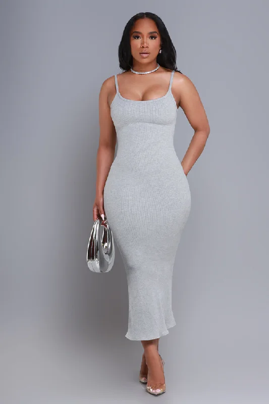 Status Check Cellulite Deleter Strappy Ribbed Maxi Dress - Heather Grey