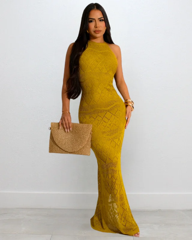 Will See You Monday Crochet Maxi Dress Mustard