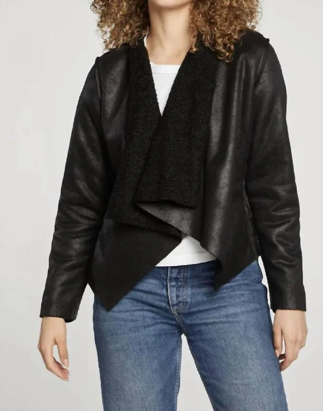 Faux Suede Shearling Reversible Ls Waterfall Neck Jacket In True Black