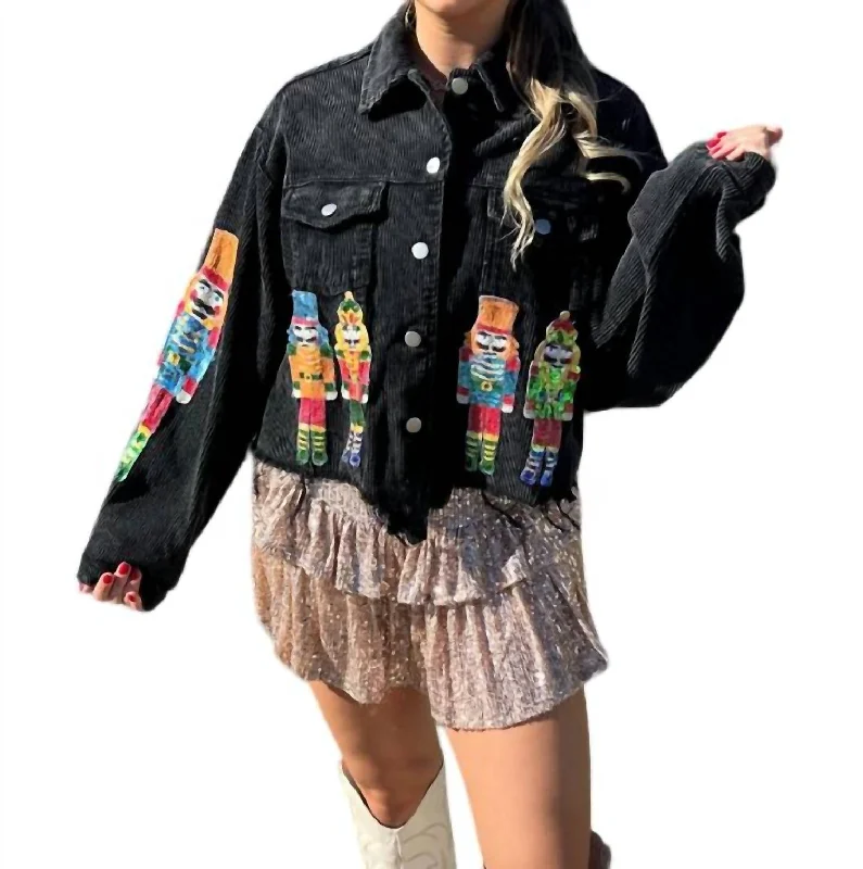 Nutcracker Sequin Christmas Corduroy Jacket In Black Charcoal