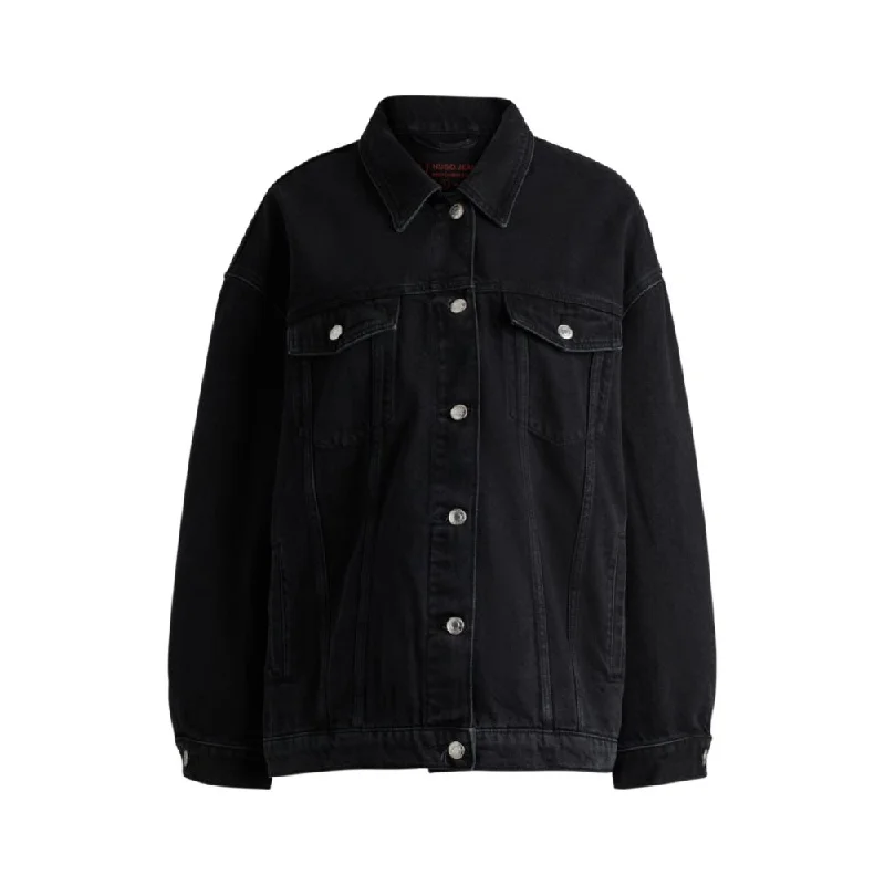 Oversize-fit jacket in black denim with fringing