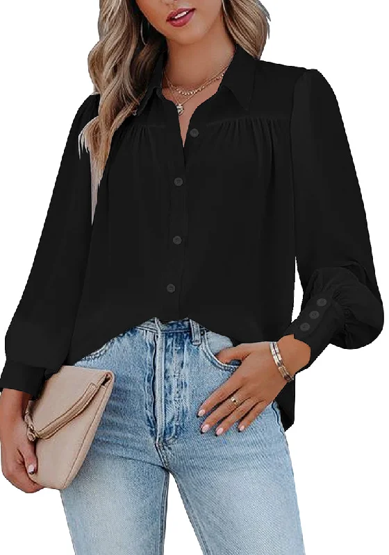 Black Lantern Sleeves Button-Down Pleated Chiffon Top